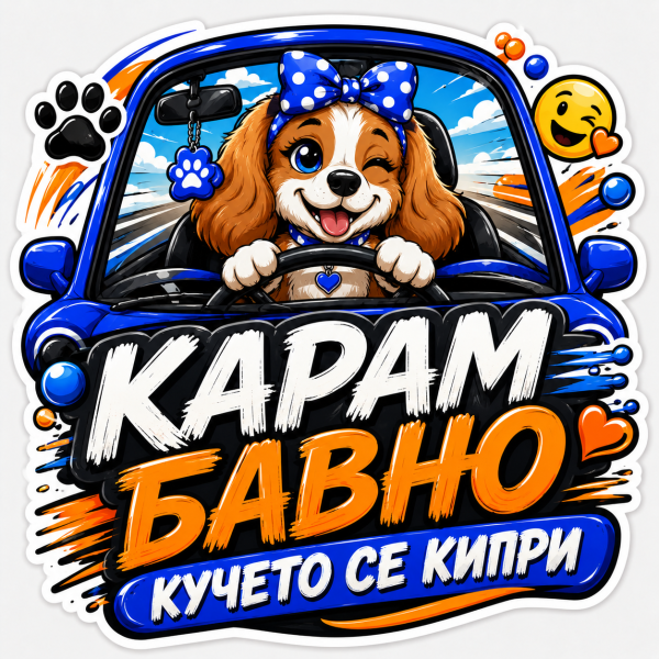 Стикер "Карам бавно, кучето се кипри"